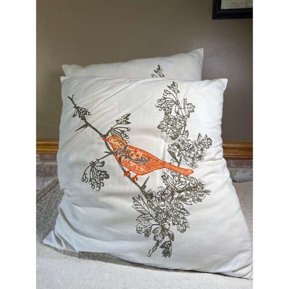 Set Of 2 Vintage Bird Embroidered Throw Pillows Nature-Themed  Orange Gray - Picture 2 of 15